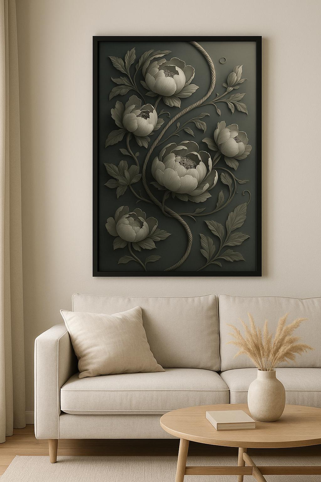 Monochrome Peony Bloom – Elegant Minimalist Floral Wall Art | Digital Download